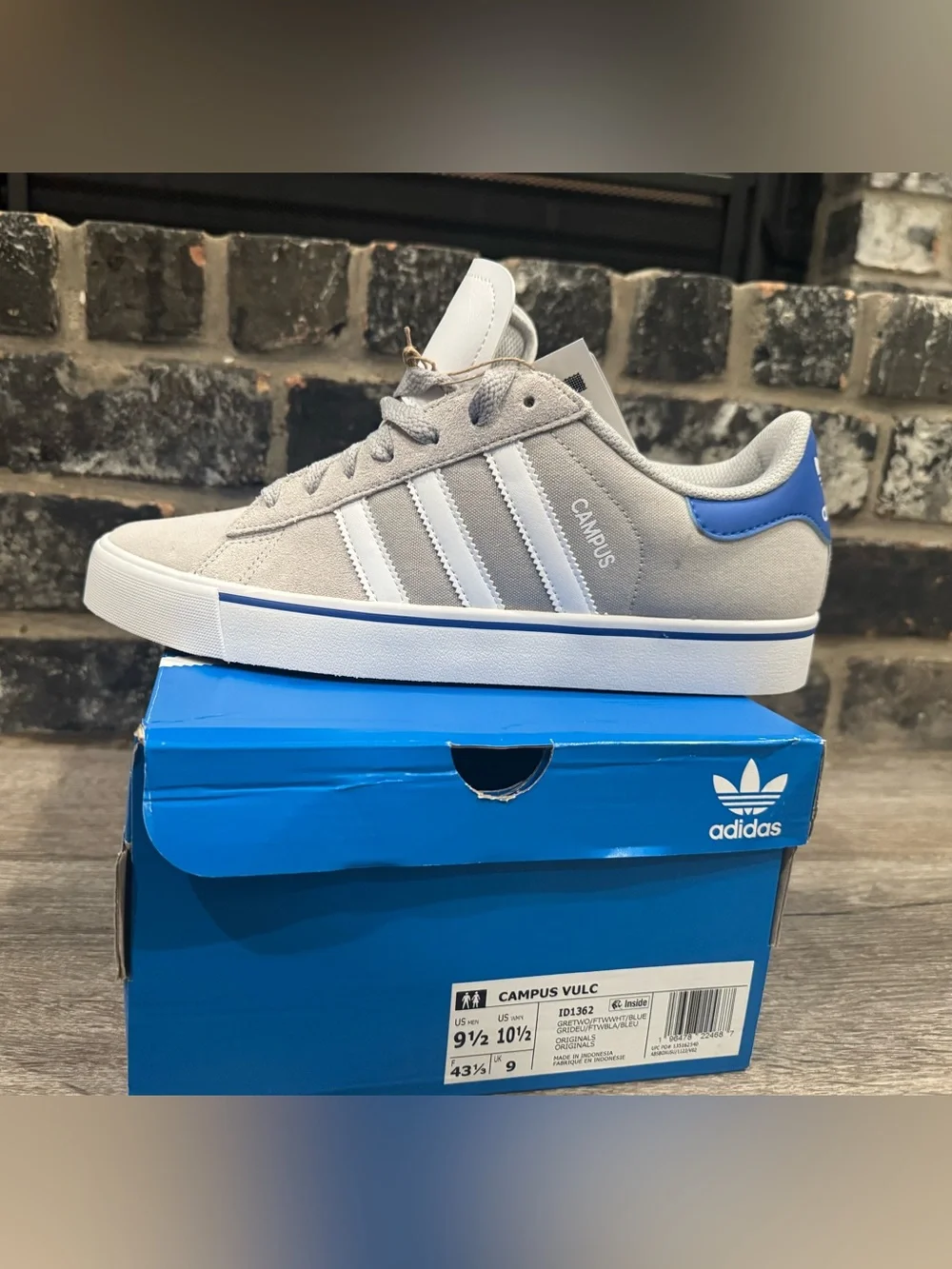 adidas Campus Vulc in Grey Two / Cloud White / Blue (style ID1362)